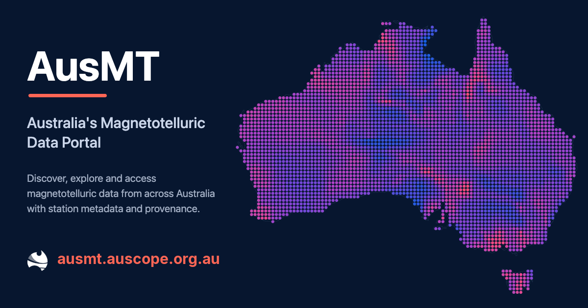 The AusMT presentation artwork: Australia rendered as a field of coloured dots beside the AusMT wordmark, signed with the AuScope mark and the portal address